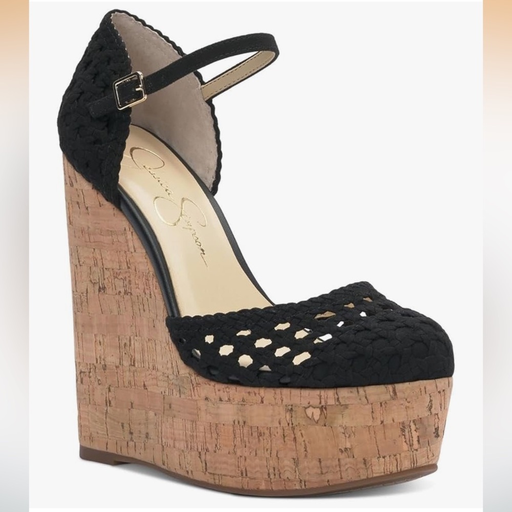 Jessica Simpson Marsela Black Crochet Cork Wedge Sandals Size 9.5 NWOB
